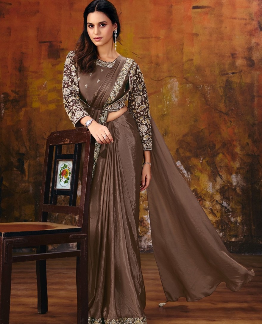27107 - Coffee Brown Embroidered Wedding Party Designer Saree
